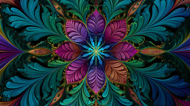 Vibrant colorful floral mandala pattern with leaves and flowers in purple, blue, green, and orange hues, decorative abstract design element for artistic creative projects and backgrounds