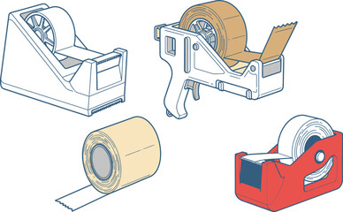 Line art vector set of 4 tape dispenser types desktop dispenser packing tape gun masking tape roll and double sided tape