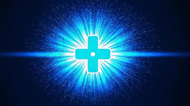 Pulsing at playback cyan plus sign with dot growing radiating rays flare particles for studio logo