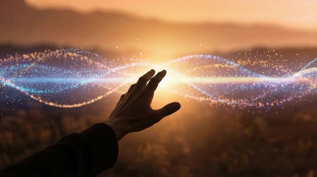 A cinematic wide shot of a human hand reaching through glowing golden particles in a sunlit field, warm golden hour light, soft blurred horizon, magical atmosphere of hope and wonder