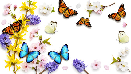 Butterflies and Blooms: A vibrant composition of delicate butterflies gracefully fluttering amidst a colorful array of spring blossoms, evoking feelings of renewal and natural beauty.