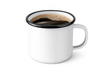 Hot coffee in an enamel camping mug
