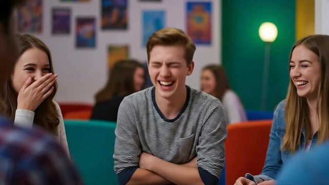 Joyful group interaction: friends sharing laughter in a bright social setting