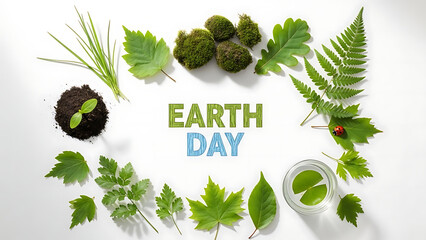 Earth Day Harmony: A vibrant arrangement of greenery and nature's elements encircles the words Earth Day, promoting environmental awareness and the beauty of our planet. 