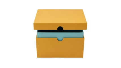 Open yellow box with blue contents isolated PNG, container for storage and organization, packaging for gifts and products, on transparent background