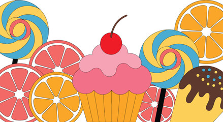 A delightful collection of sweet treats including cupcakes, lollipops, and citrus slices
