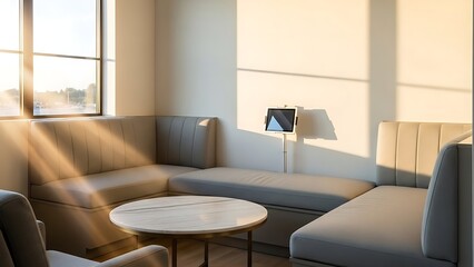 Fototapeta premium Bright and inviting lounge area with banquette seating and a round table illuminated by natural window light