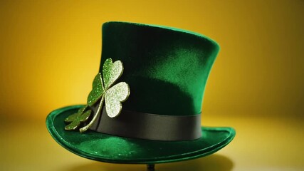 Festive Saint Patrick themed composition featuring luxurious green velvet hat adorned with lucky symbols