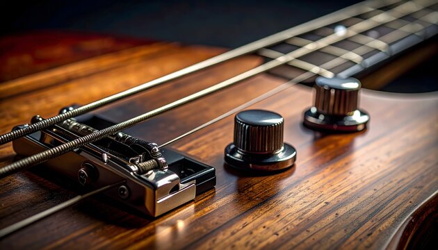 Detalle de guitarra el&eacute;ctrica con puente met&aacute;lico y controles sobre madera natural