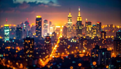 Obraz premium Abstract Cityscape Silhouette With Bokeh Lights During Blue Hour