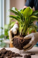 Close up of hands in protective gloves lifting a houseplant with visible roots during the repotting process