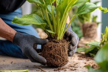 Gloved hands carefully removing a green houseplant with a large root ball from its pot for transplanting