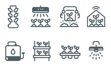 Hydroponics silhouette icon set. featuring nutrients, irrigation, seedlings, greenhouse, and grow light symbols