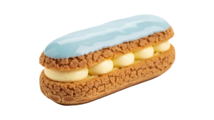 Delicious blue glazed eclair isolated PNG on transparent background, French pastry filled with cream for dessert and sweet treat