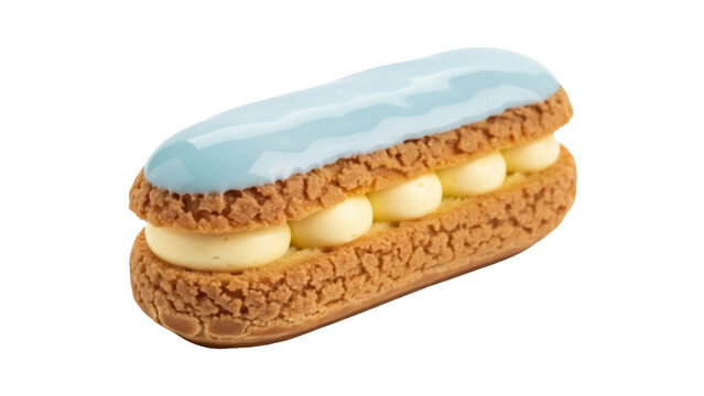 Delicious blue glazed eclair isolated PNG on transparent background, French pastry filled with cream for dessert and sweet treat