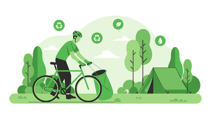 Eco Friendly Campaign For Cleaning Nature On Bicycle With Tent And Trees