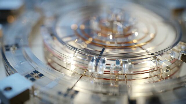 Ultra HD Abstract closeup of a futuristic transparent circular technology structure with intricate details, representing quantum computing or advanced ai video
