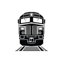 Front view of a black and white locomotive on train tracks © firoj