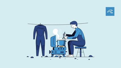 Enjoying Camp Cuisine After Water Sports Adventure Simple Illustration