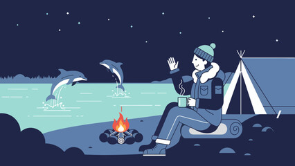 Fototapeta premium Enjoying Camping By The Lake With Jumping Dolphins Under Starry Sky At Night