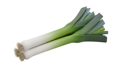Fresh green spring onions with white bulbs and roots isolated on transparent background