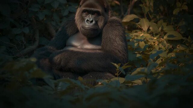 Lifting head, adult gorilla shifting gaze toward camera in understory, responding to shifting light