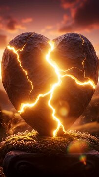 Cracked Heart Stone Sculpture - A stone heart sculpture is cracked, with glowing orange light emanating from the fissures. The heart sits on a mossy base with a sunset backdrop.
