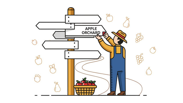 Farmer Directing Visitors To Apple Orchard With Road Signpost Illustration
