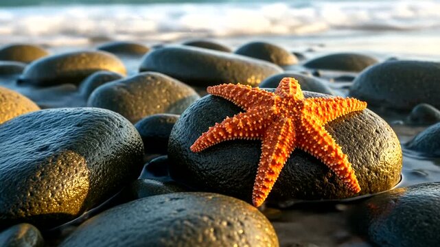 Starfish on Rocks at the Beach with Ocean Waves in Background.