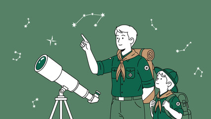 Father And Son Discovering Constellations In The Night Sky With Telescope