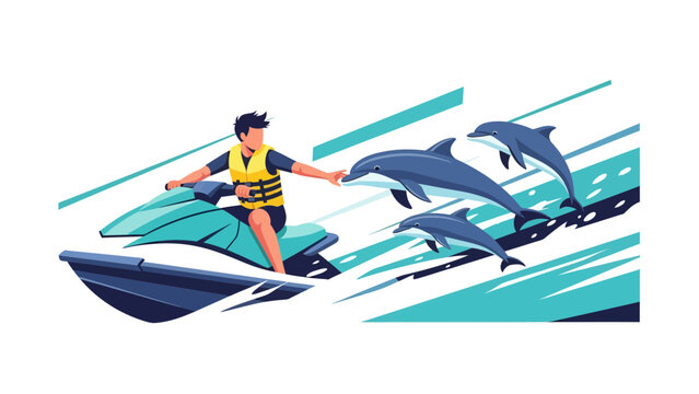 Exhilarating Water Adventures Man Jet Skiing Alongside Playful Dolphins