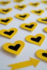 Obraz premium Many yellow hearts with black inner hearts scattered on a white surface, with a yellow arrow at the bottom. Concept Yellow hearts with black inner hearts, Hearts on white surface