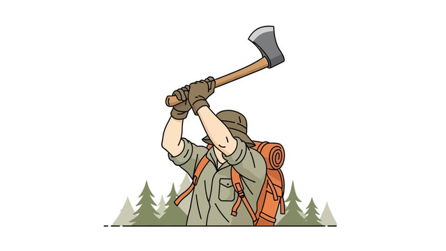 Explorer Lumberjack Chopping Wood In The Forest With Axe And Backpack