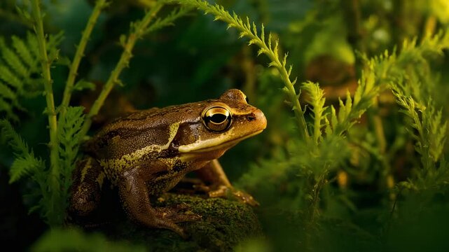 Reacting to gentle breeze, brown-green frog adjusting posture on mossy rock, with ferns, backlight