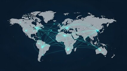 A blue vector illustration of the global earth map with binary code technology connecting continents and international business across the planet