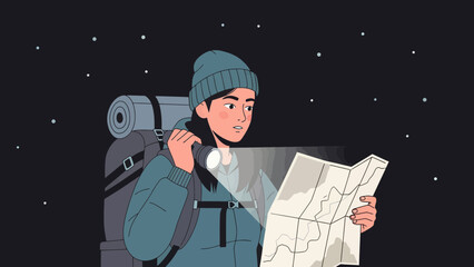 Female Hiker Navigating At Night Using Flashlight And Map During A Wilderness Adventure