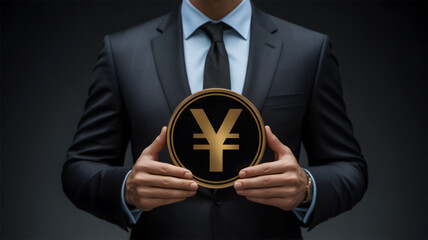 Businessman Holding Golden Yen or Yuan Coin Symbol Representing Asian Finance and Global Investment