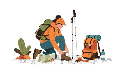 Female Hiker Preparing Equipment For An Adventure In Nature With Hiking Gear