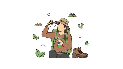 Female Hiker Sprays Repellent Against Insects And Ticks In The Wilderness Forest