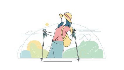 Female Hiker Using Trekking Poles During A Mountain Adventure Illustration