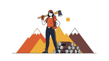Female Logger With Axe Against Mountain Backdrop Stands With Pile Of Wood