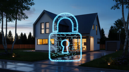 Digital Padlock Hologram Over Modern House for Smart Home Security and Cyber Protection Systems