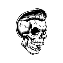 A detailed black and white hipster skull with slick pompadour hair, cracked bone texture, and wide grin is centered on a clean white background in tattoo style.