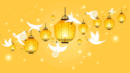 Festive Lanterns With White Birds Floating In A Golden Atmosphere