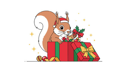 Festive Squirrel Discovering Joyful Christmas Gifts In A Red Holiday Present