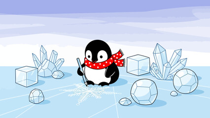 Festive Penguin Decorating Icy Ground With Snowflake Surrounded By Ice Formations