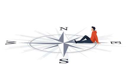 Find Your Direction: Man Contemplating Future on Compass Rose Illustration