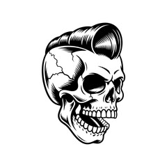 Fototapeta premium A detailed black and white hipster skull with slick pompadour hair, cracked bone texture, and wide grin is centered on a clean white background in tattoo style.