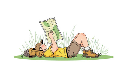 Finding Adventure Young Man Lies in The Grass Reading Map Outdoors