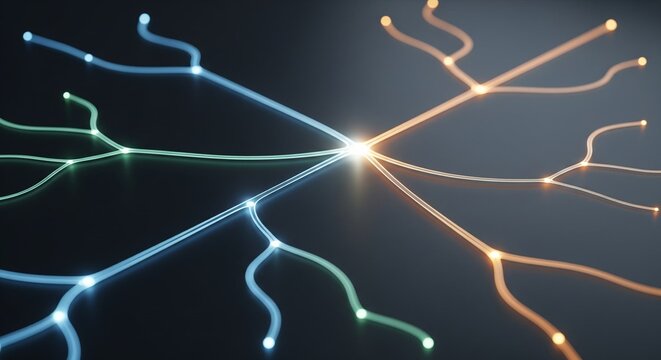 Decision intelligence concept with abstract branching paths lit by varied intensities, symbolizing scenario analysis, choice evaluation, and strategic clarity.